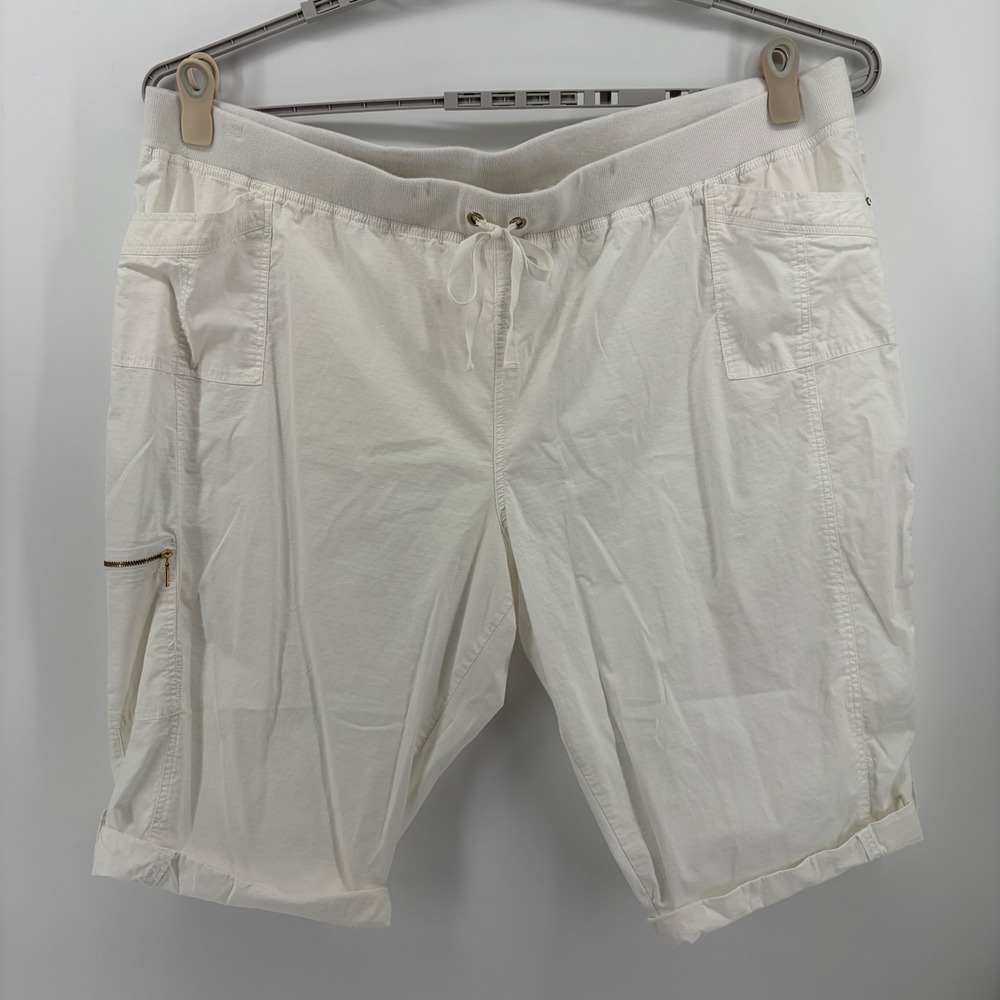Catherines Womens 4X White Capri Cargo Pants Elastic Drawstring Cotton Stretch